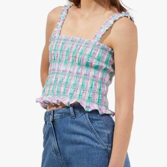 French Connection Smocked Check Organic Cotton Tank sz 8 NWT - Picture 1 of 3